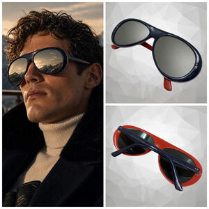 Vintage 1970's Style Eyes Ski Sport Sunglasses Red White Blue Layered Mirrored